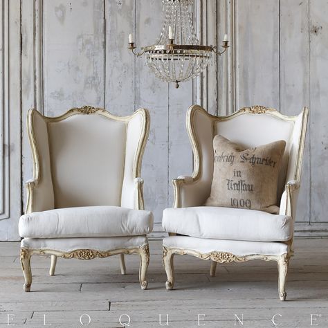 Eloquence® Distressed Cream Vintage Wing-Back Louis XV Bergeres: 1940 Swedish Interiors, White Armchair, Vibeke Design, Swedish Decor, French Country Furniture, White Chairs, Reproduction Furniture, French Style Furniture, Country Style Decor