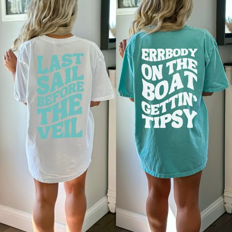 Set sail for an unforgettable bachelorette adventure with our Last Sail Before The Veil Shirt. Crafted with comfort in mind, these retro-inspired Comfort Colors shirts are perfect for a cruise or boat-themed bachelorette party. Get ready to make waves and create lasting memories as you celebrate the bride-to-be. Cheers to getting tipsy, making a splash, and bidding farewell to singlehood in style!  #LastSailBeforeTheVeil #RetroBachelorette #CruiseBachelorette #BoatLife Comfort Colors introduces its garment-dyed t-shirt tee made 100% with ring-spun cotton. The soft-washed, garment-dyed fabric brings extra coziness to your wardrobe while the relaxed fit makes it an excellent daily choice. The double-needle stitching throughout the tee makes it highly durable while the lack of side-seams help Set Sail Before The Veil, Bachelorette Fishing Theme, Party Boat Bachelorette, Last Sail Before The Veil Bachelorette Shirts, Wedding Cruise Shirts, Bride Cruise Outfits, Ocean Themed Bachelorette Party, Put In Bay Bachelorette Party, Booze Cruise Bachelorette Party