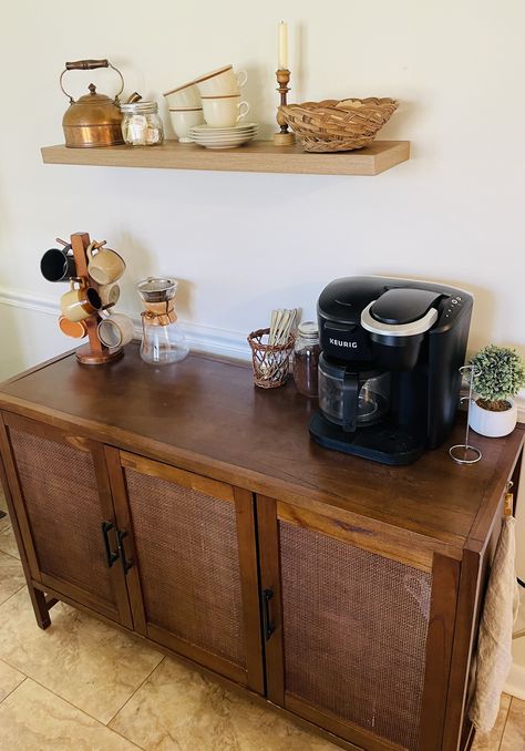 Dark Wood Coffee Bar, Tall Bar Cabinet Styling, Vintage Buffet Coffee Bar, Buffet Coffee Station, Coffee Bar Dark Wood, Buffet Bar Decor, Antique Dresser Coffee Bar, Coffee And Bar Cart Ideas, Coffee Bar On Desk