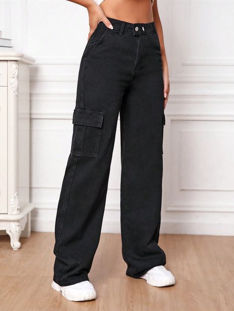 SHEIN Tall High Waist Flap Pocket Cargo JeansI discovered amazing products on SHEIN.com, come check them out! Celana Jins Wanita, Flap Pocket Cargo Jeans, Baggy Jeans For Women, Plain Jeans, Paisley Shorts, Outfit Shopping, Jeans Cargo, Tall Jeans, Black Cargo