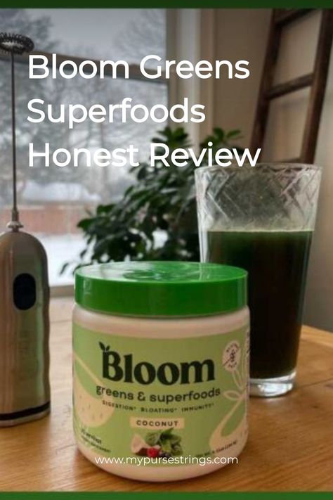 A glass of green juice next to a container of Bloom Greens & Superfoods with the label facing forward, placed on a table with a snowy background visible through the window. Bloom Greens Powder Recipe, Coconut Powder Recipes, Bloom Drink, Bloom Greens, Superfoods Powder, Superfoods Benefits, Greens Supplement, Nutrition Website, Super Greens Powder