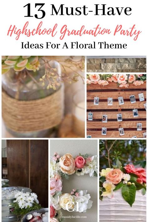 This post shows you how to integrate the cutest floral decor items into your high school graduation party theme. These floral decor ideas will work with any theme, and are a simple way to add affordable, showstopping decor items to your high school graduation party theme. Graduation Party Ideas Flower Theme, Graduation Party Flower Theme, Grad Party Flower Theme, Floral Grad Party Ideas, Flower Themed Graduation Party, Floral Graduation Party Decorations, Flower Graduation Party, Boho Graduation Party, Floral Grad Party