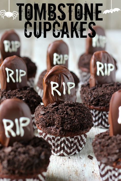 Tombstone Cupcakes Chocolate Cakes:1 box Devil's Food cake mix3 eggs1/2 C. oil1 C. milk1/2 C. sour cream2 tsp. vanilla extract1 1/2 C. chocolate chips (optional)Chocolate Frosting:1 C. butter1/2 C. unsweetened cocoa2 tsp. vanilla extract1 Tbsp. milk2-3 C. powdered sugar24 Milano Cookies2 C. chocolate melts, melted2 Tbsp. white chocolate melts or white chocolate chips, meltedCrushed Oreos, about 1 C. 1. Preheat oven to 350 degrees and line pans with cupcake liners.2. Sift cake mix into a small Halloween Cupcakes Decoration, Milano Cookies, Postres Halloween, Dulces Halloween, Halloween Baking, Halloween Goodies, Halloween Snacks, Halloween Desserts, Halloween Food For Party