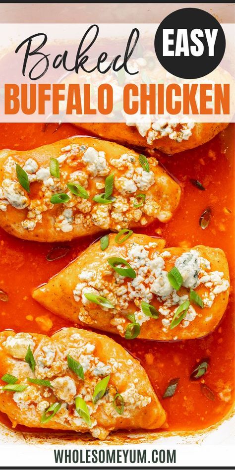 Baked Buffalo Chicken Recipe Baked Buffalo Chicken Breast, Buffalo Chicken Breast, Buffalo Chicken Recipe, Easy Buffalo Chicken, Buffalo Chicken Recipes, Baked Buffalo Chicken, Chicken Breast Recipes Baked, Wholesome Yum, Healthy Buffalo Chicken