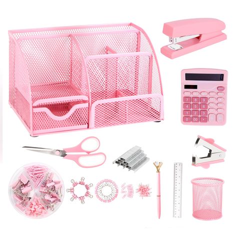 PRICES MAY VARY. 【Organizers and Accessories】 You will receive a set of exquisite office organizers and accessories, which not only fully meet your office and learning needs, but also decorate your desktop. If you want to add some elegant elements to your workspace, metal desktop organizers and supplies are perfect. 【Ample Storage Space】This 7-compartment pink desk storage box has 6 compartments and 1 sliding drawer. Easily categorize and organize pens, notes, calendars and other office supplies Organize Desk Ideas, Pink Desk Setup Aesthetic, Preppy Stuff For Your Room, Study Essentials Supplies, Dorm Needs, Purple Office Supplies, Pink Desk Decor, Pink School Supplies, Pink Desk Accessories