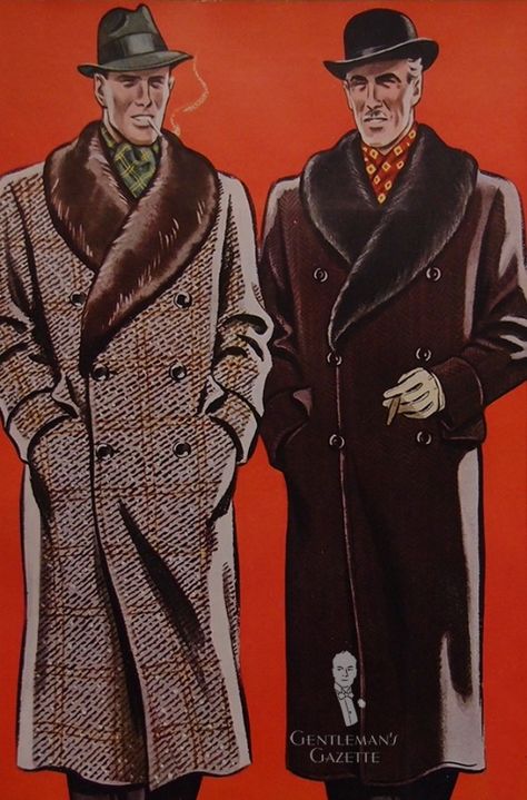 Ulster inspired overcoats with fur shawl collars for men paired with silk scarves from 1937.   My favorite online style guide: #GentlemansGazette 1930s Mens Fashion, Men's Fashion Illustration, 1930s Men, Mens Fur Coat, Man's Overcoat, Mens Overcoat, Men Coat, Fashion Illustration Vintage, Mens Fur