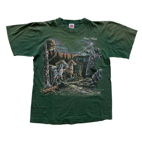 "Vintage 1990s 90s Homer, Alaska Horses Nature Graphic Green Tee Shirt Made in USA Mens Size L Large Condition: This item is in great pre-owned condition with perfect fading. MADE IN USA Material: 100% Pre-Shrunk Cotton Size: Mens Size Large Please refer to measurements for exact fit. Measures: Chest (armpit to armpit): 21 1/2\" Sleeve (shoulder to sleeve end): 8 1/2\" Length (back neck seam to bottom): 26 1/2\" Note: Pre-owned items may have minor imperfections, we do our best to represent each Green Tee Shirt, Homer Alaska, Green Tee, Graphic Tees Vintage, Dream Clothes, Retro Outfits, Mens Graphic Tee, Vintage Tees, Graphic Shirts