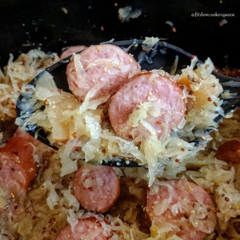 5-Ingredient Slow Cooker Apple-Dijon Sausage & Sauerkraut Sauerkraut And Sausage, Low Carb Crockpot, Crockpot Sauerkraut, Easy Sausage Recipes, Dinner Tomorrow, Slow Cooker Sausage, Sausage Sauerkraut, Sauerkraut Recipe, Crock Pot Food