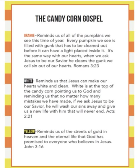 Candy Corn Object Lesson, Candy Corn Gospel, Halloween Bible Lesson, Halloween Sunday School, Kids Bible Object Lessons, Fall Fun Ideas, Corn Theme, Childrens Church Ideas, Popup Event