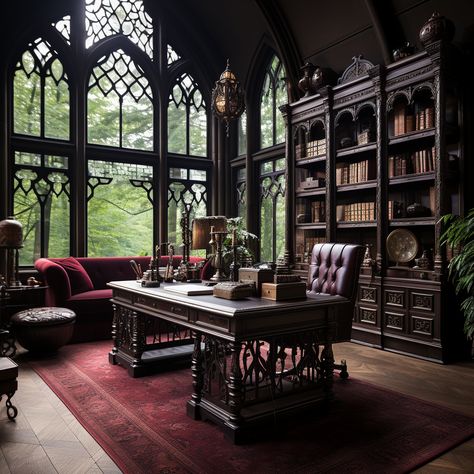 Old English Manor Library, English Tudor House Interior, Royal Study Room Aesthetic, Dark Manor Interior, Dark Victorian House Interior Design, Whodunit Aesthetic, Castle Study Room, Gothic Home Library, Victorian Castle Interior