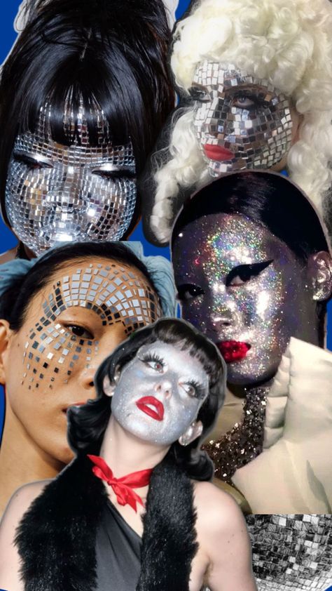 this is a collage of disco ball makeup. The face is entirely covered w tiny square mirror paper or silver looking sparkle Disco Ball Makeup Look, Disco Ball Face Paint, Glam Punk Aesthetic, Chess Makeup, Disco Ball Makeup, Disco Ball Head, Sequin Makeup, Diy Disco Ball, Disco Makeup