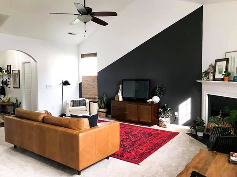 Accent Wall With Vaulted Ceiling, Accent Wall Vaulted Ceiling, Vaulted Ceiling Accent Wall, Bedroom Vaulted Ceiling, Black Accent Wall Bedroom, Ceiling Accent, Vaulted Ceiling Bedroom, Accent Wall Paint Colors, Black Accent Wall