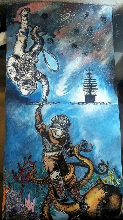 Astronaut And Diver Drawing, Deep Ocean Drawing, Space Man Drawing, Drawing Ideas Ocean, Diver Drawing, Astronaut Sketch, Deep Sea Diver Art, Deep Sea Ocean, Astronaut Drawing