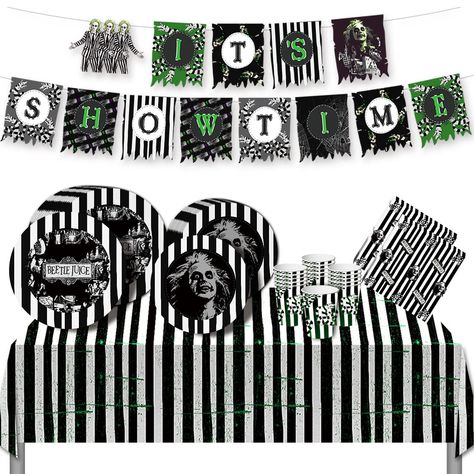 PRICES MAY VARY. Paper Complete party pack includes banner, plates, cups, napkins, and tablecloth for up to 16 guests Disposable plates, cups, napkins, and tablecloth make cleanup easy Vibrant Beetlejuice movie graphics and patterns create a festive Halloween party atmosphere Perfect for Halloween parties, movie nights, school events, and more for kids and adults Made from food-safe and eco-friendly materials CAILESS Patry supplies-kit Beetlejuice Party, Halloween 1st Birthdays, Party Supply Kits, Movie Themed Party, Horror Party, Halloween Party Decorations, Halloween Party Dinner, Striped Tablecloths, 1st Birthday Banners