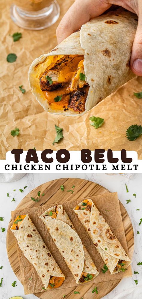 This Taco Bell Chipotle Chicken Melt is full of marinated chicken wrapped in a warm flour tortilla with the perfect combination of melted cheese and creamy chipotle sauce. It is incredibly customizable and perfect for a busy weeknight! Chipotle Wrap, Chipotle Chicken Melt, Chipotle Chicken Tacos, Chipotle Chicken Wrap Recipes, Chipotle Chicken Wrap, Copycat Taco Bell Chicken Chipotle Melt, Mexi Melt Taco Bell, Chicken Chipotle Melt Taco Bell, Meximelt Recipe Taco Bells