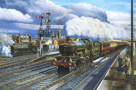 'Castle' class 4-6-0  No. 7027 'THORNBURY CASTLE' passing Leamington Spa General with the down 'Cambrian Coast Express' Orient Express Train, Transport Pictures, Train Images, Ship Wrecks, Steam Art, Training Puppy, Railroad Art, Great Western Railway, Train Posters