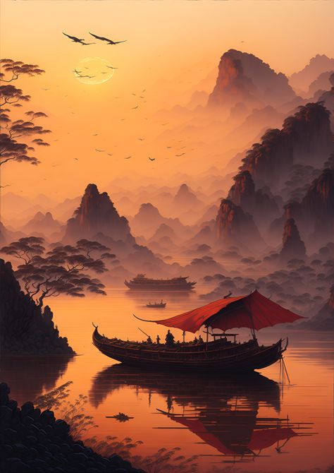 Japanese Sunset Art, Mountain Sunset Painting, Japanese Boat, Japanese Sunset, Matte Paintings, Japanese Mountains, Paintings Ideas, Turning Japanese, Misty Mountains