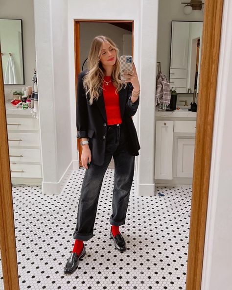 Chic and cute winter outfit! I love this classic blazer with a pop of red for an elevated everyday outfit. Tap to shop! Cherry Red Sweater Outfit, Red Loafers Outfit Women, Pop Of Red Outfit, Red Socks Outfit, Black Pumps Outfit, Red Sox Outfit, Loafers Outfit Women, Black Shoes Outfit, Socks And Jeans