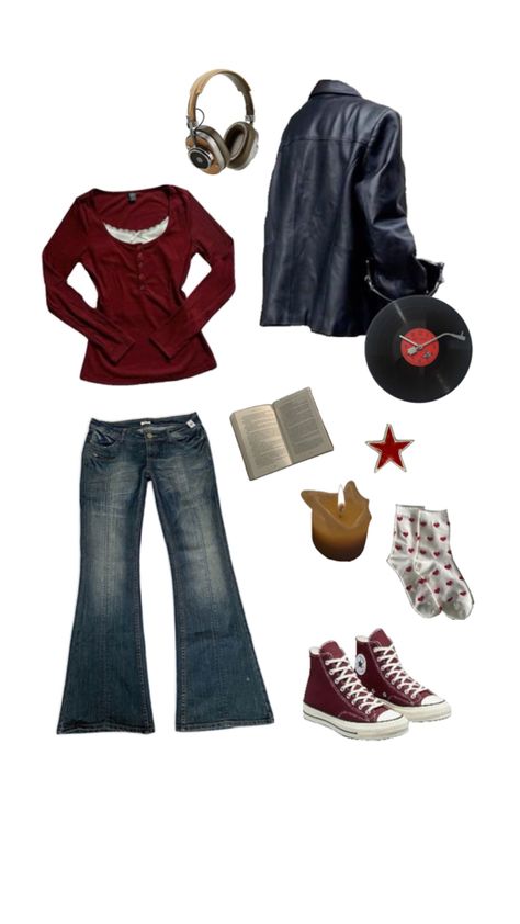 downtown girl outfit inspo, dark red, converse, autumn, candles, flared jeans, headphones aesthetic, fall, autumn outfit inspo, fall outfit inspo, records, leather jacket aesthetic Dark Flare Jeans Outfit, Flare Jeans Outfit Aesthetic, Outfit With Flare Jeans, Dark Red Converse, Flared Jeans Outfit Fall, Outfit Inspo Dark, Flare Jeans Fall, Leather Jacket Aesthetic, Red Leather Jacket Outfit