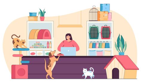 Free Vector | Pet shop seller selling vet goods for animals. woman standing behind counter inside store near accessories and toys, cage and food on shelves flat vector illustration. small retail pet shop concept Cute Cat Sleeping, Pet Muzzles, Animal Rescue Center, Book Furniture, Online Pet Store, Flat Vector Illustration, Happy Cartoon, Kittens Funny, Flat Vector