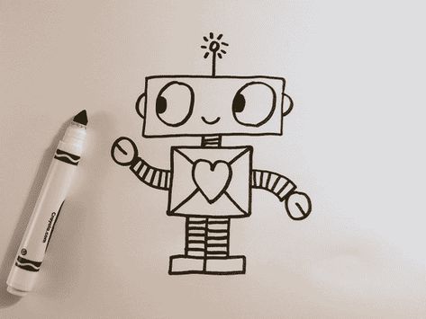 Easy Directed Drawing, Valentines Robots, Robot Drawing, Kids Lunch Box Notes, Lunchbox Notes For Kids, Types Of Robots, Robot Sketch, Robot Cartoon, Note Doodles