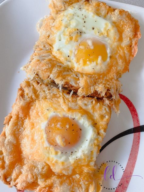 Plate of Sheet Pan Cheesy Baked Egg Toast Eggs Over Easy, Family Friendly Breakfast, Toast For Breakfast, Egg In A Hole, Cheesy Eggs, Baked Egg, Egg Toast, Breakfast Toast, Breakfast Recipes Casserole