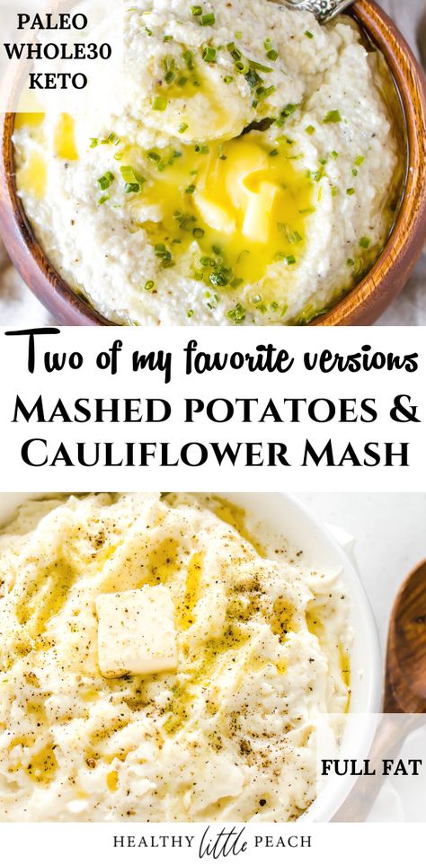 I am sharing my 2 favorite versions of mashed potatoes and cauliflower mash. These mashed potatoes are fluffy, creamy, buttery, and the perfect side for any dinner. These are literally the PERFECT mashed potato. I have also included my cauliflower mash version that Keto and Whole30 version. #mashedpotatoes #holidayrecipes #cauliflowermash #whole30recipes #paleorecipes #ketorecipes #cauliflower #sidedishrecipes #sides Make Ahead Potato Recipes, Cauliflower Mashed Potatoes Keto, Cauliflower Mashed Potatoes Recipe, Cauliflower Mashed, Creamy Mashed Cauliflower, Frozen Cauliflower, Cauliflower Mashed Potatoes, Cauliflower Mash, Keto Side