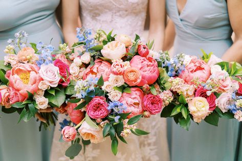 Colorful Pink Bridal Bouquet, Bright Peony Wedding Bouquet, Colorful Peony Bouquet, Bright Bridesmaids Bouquets, Bright Pink Bridesmaid Bouquet, Pink Peach Blue Wedding Flowers, Bright Bridesmaid Bouquet, Colorful Summer Wedding Flowers, Amanzoe Wedding