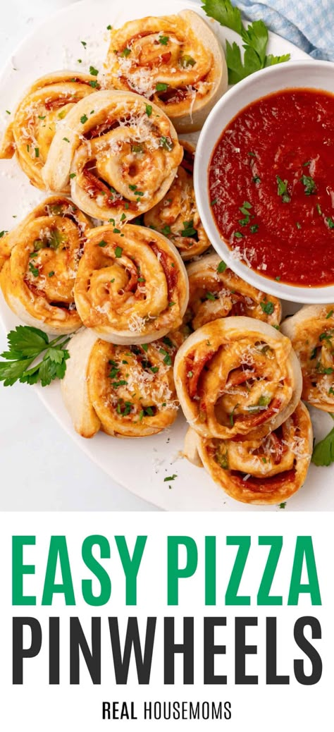 Delightfully delicious Pizza Pinwheels are everything you love about pizza, rolled up into surprisingly easy finger food! #Realhousemoms #pizzapinwheels #pizza #pinwheels #fingerfood #backtoschool #gameday #sundayfunday #footballseason #appetizer The Best Pizza Sauce, Fun Party Snacks, Pepperoni Pinwheels, Dough For Pizza, Best Pizza Sauce, Party Food Ideas Kids, Easy Party Food Ideas, Party Food Easy, Pizza Pinwheels