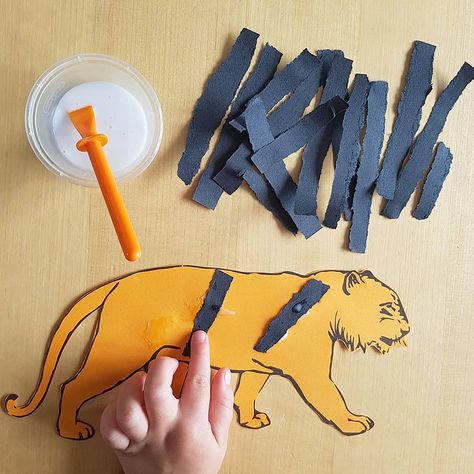 🐯 An invitation to give a tiger some stripes #earlyyearsideas #eyfsideas Animal Theme For Preschool, Safari Arts And Crafts, Tiger Art Preschool, Jungle Activities For Toddlers, Tiger Crafts For Preschool, Tiger Activities For Preschool, Tiger Craft, The Tiger Who Came To Tea Eyfs, Preschool Tiger Activities