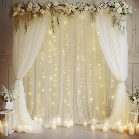 PRICES MAY VARY. Size: Package including 4 panels 5ft width by 10ft height ivory backdrop curtains with lights, a set of 9.8ft warm white string light and 24pcs Transparent clips. High quality ivory tulle fabric, collapsible without creases, Beautiful Sheer Drapes! Can be reused. If you want a thicker/fuller look, you would need more Dreamy Display: This wedding photo backdrop is perfect to create beautiful folds or leave it flowing loose onto the floor,add a very soft,beautiful,romantic touch t White Backdrop With Lights, Outdoor Wedding Curtains, Wedding Backdrop With Fairy Lights, Sage Green And White Decorations, Outside Quinceanera Ideas Simple, Wedding Arch For Indoor Wedding, Square Wedding Backdrop, Neutral Tones Wedding Decor, Palette Wedding Backdrop