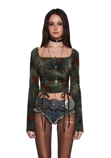 Stretchy Mesh Flocked Floral Velvet Long Sleeve Crop Top Current Mood - Multi – Dolls Kill Bratz Clothing, Slingback Loafers, Womans Halloween Costume, Girl Scout Costume, Halloween Costume Shoes, Dolls Kill Outfits, Current Mood Clothing, Brownie Girl Scout, Tour Outfits