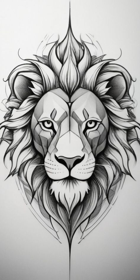 Lion Geometric Design, Lion Abstract Tattoo, Lion Sketch Simple, Lion Tattoo Design Stencil, Lion Outline Tattoo, Lion Sketch Tattoo, Lion Head Tattoo Design, Long Undercut Hairstyles, Leones Tattoo