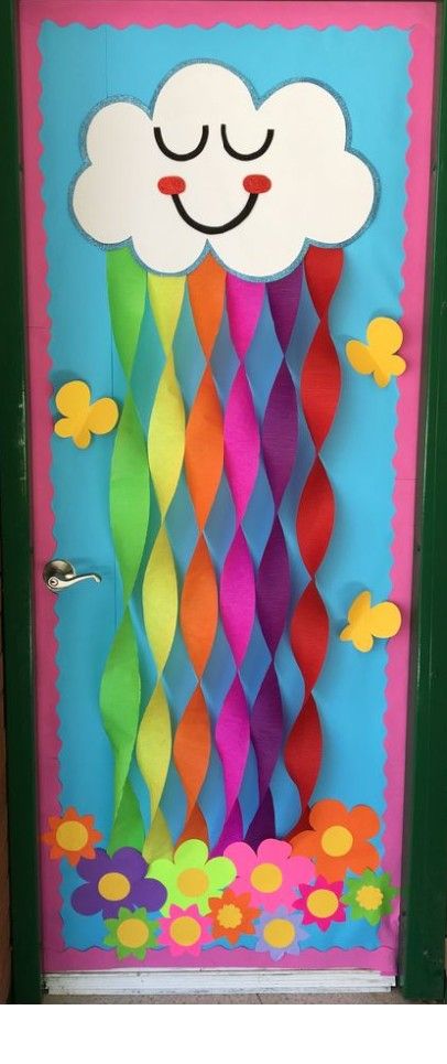 Kindercare Classroom Prek, Preschool Classroom Decor Rainbow, Rainbow Classroom Door Decor, Spring Themed Door Decorations Classroom, April Office Decorations, Umbrella Classroom Decoration, May Themed Classroom Door Ideas, Spring Doors For Toddler Room, Rainbow School Door