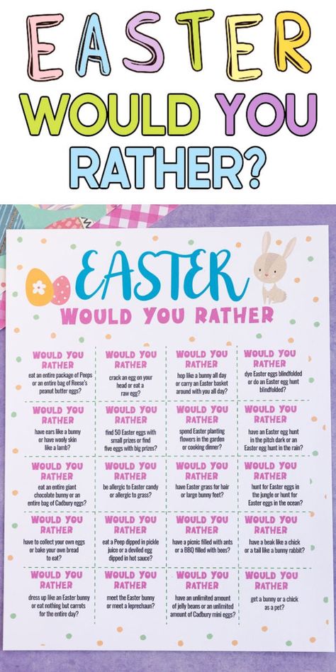 These fun Easter would you rather questions are a great Easter activity for kids, teens, and even the entire family! Just print, cut out the questions, and ask! Family Date Ideas, Esl Materials, Printable Easter Activities, Easter Egg Hunt Ideas, What Would You Rather, Egg Hunt Ideas, Easter Games For Kids, Would You Rather Game, Egg Game