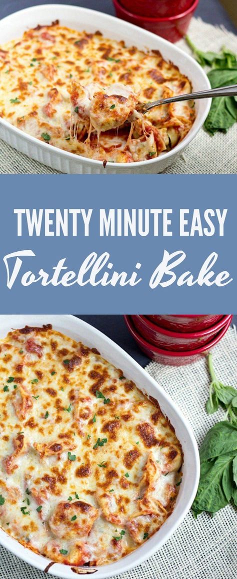 Twenty Minute Easy Tortellini Bake is a perfect weeknight dinner recipe. You'll have minimal cleanup and a delicious, cheesy dinner that everyone will love! #pasta #tortellini #dinner #recipe #cheese Frozen Tortellini Bake Recipes, Tortellini Spaghetti Bake, Fresh Cheese Tortellini Recipes, Baked Frozen Tortellini, Refrigerated Tortellini Recipes, Frozen Cheese Tortellini Recipes, Chicken Mozzarella Tortellini Recipes, Frozen Tortellini Bake, Frozen Cheese Tortellini Recipes Easy