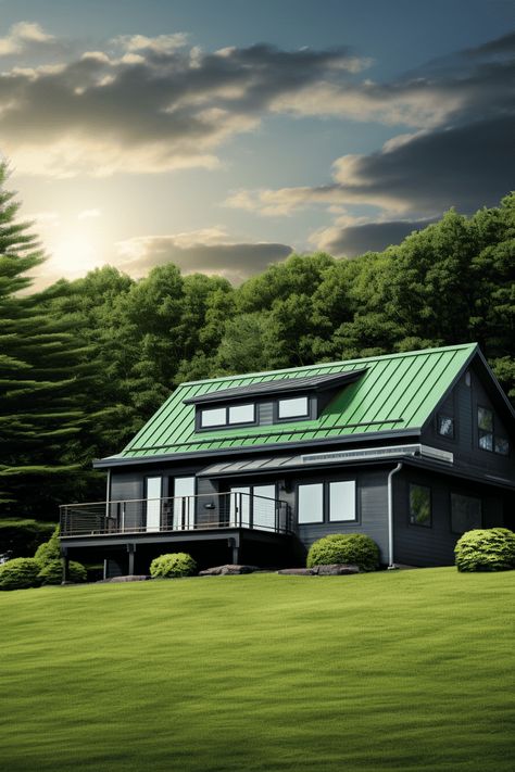 Best Colors for Metal Roofing: Emerald Green and Charcoal Gray Exterior Green Metal Roof, Dark Grey Siding, Charcoal House, Eco Roof, Green Roof House, Metal Roofing Systems, Metal Roof Houses, Metal Roof Colors, Grey Siding