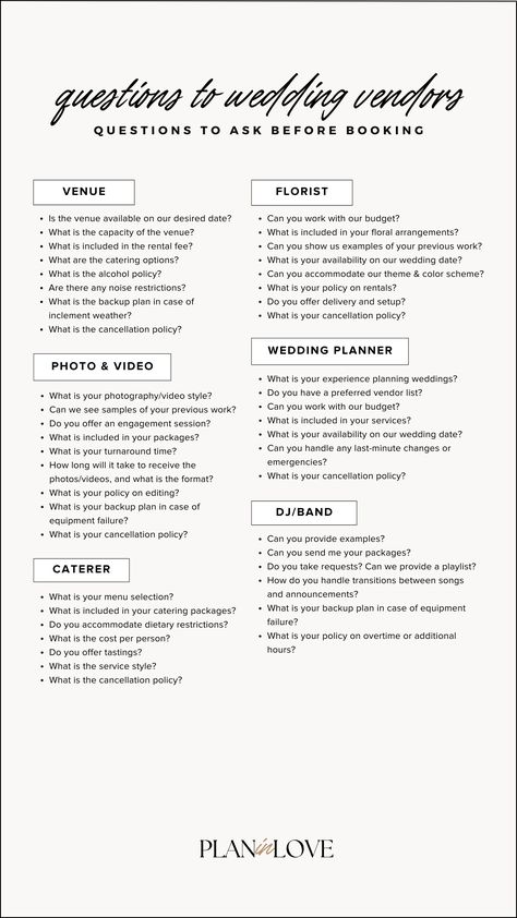 questions to ask your wedding vendors | event coordination | vendor selection | wedding day moments | wedding planning | wedding journey | wedding | plan in love Things You Need To Know When Planning A Wedding, Wedding Checklist Vendors, List Of Wedding Vendors, Everything You Need To Know About Planning A Wedding, List Of Vendors Needed For Wedding, Vendors List For Wedding, Starting A Wedding Planning Business, Wedding Planning Sheets, Wedding Vendors List