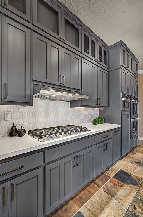 Gray Kitchen Cabinets Black Appliances, Dark Gray Kitchen Cabinets Black Counter, Dark Grey Kitchen Cabinets Farmhouse, Graphite Cabinets Kitchens, Gray Black Kitchen Ideas, Grey Black Kitchen Cabinets, Dark Grey Painted Kitchen Cabinets, Gray Kitchen Interior, Black And Gray Backsplash Kitchen