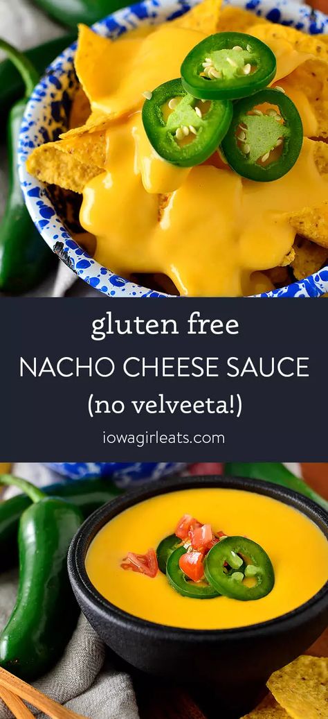 Gluten Free Nacho Cheese Sauce (No Velveeta) - Iowa Girl Eats Nachos Sauce, Dairy Free Nacho Cheese, Ab Recipes, Gluten Free Cheese Sauce, Gluten Free Nachos, Gf Sides, Homemade Nacho Cheese Sauce, Nachos Cheese Recipe, Nacho Sauce