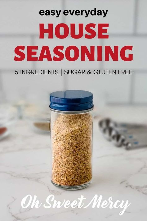 Keep this easy Everyday House Seasoning Blend on hand to make cooking a breeze. No need to grab a bunch of spices and seasonings, just grab this one jar and season away. Great on meats, veggies, eggs, soups and more. #thm #homemade #seasoningblends #houseseasoning #sugarfree #glutenfree House Seasoning Recipe, House Seasoning, Breakfast Sausage Seasoning, Homemade Chili Powder, Pumpkin Pie Spice Mix, Sausage Seasoning, Spice Blends Recipes, Hot Spices, Spice Mix Recipes