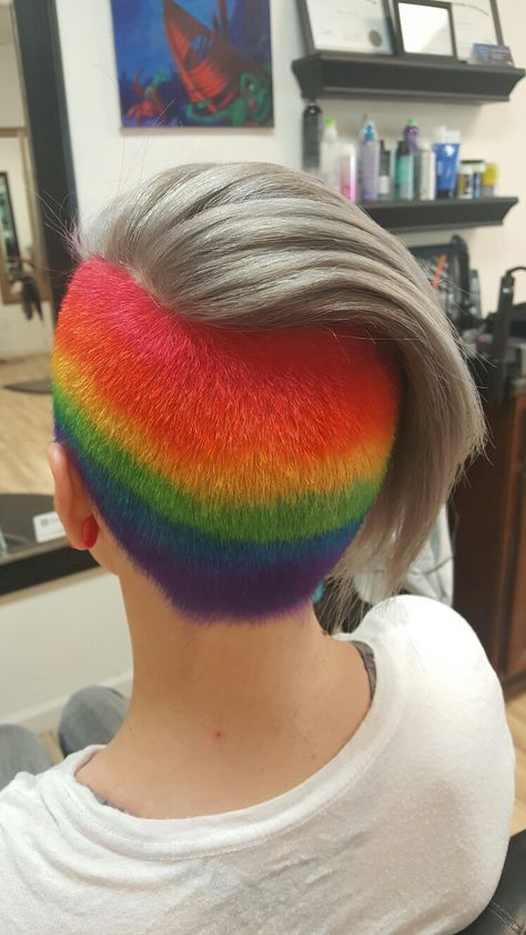 Rainbow Undercut Hair, Rainbow Buzzcut, Rainbow Undercut, Rainbow Pixie Hair, Rainbow Dyed Hair, Alien Hair, Short Rainbow Hair, Pixie Hair Color, Dyed Hairstyles