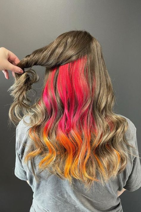 Sunset Peekaboo Hair, Highlights Blond, Sunset Hair, Orange Highlights, Aveda Color, Peekaboo Hair, Brown Curly Hair, Rainbow Hair Color, Hidden Colors