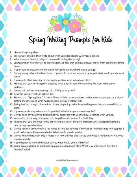 20 Spring Writing Prompts for Kids Easter Writing Prompts Kindergarten, March Writing Prompts For Kids, Spring Writing Prompts For Kindergarten, Spring Journal Prompts, Osc Activities, Spring Writing Activities, Journal Starters, Writing Themes, Easter Writing Prompts