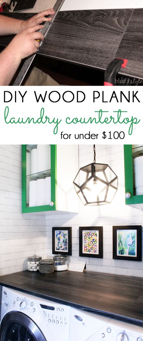 Create a DIY wood plank laundry room countertop for a fraction of the price of laminate countertop! We used vinyl flooring to achieve the countertop look we wanted for under $100! Laundry Countertop, Diy Lavanderia, Laundry Room Countertop, Laminate Countertop, Laundry Room Storage Shelves, Laundry Room Diy, Diy Laundry, Laminate Countertops, Diy Holz