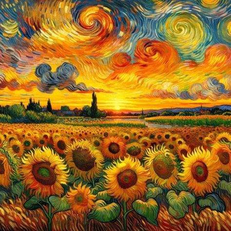 Girasoles Van Gogh, Abstract Sunflower Painting, Van Gogh Inspired Art, Sunflower Landscape, Diamond Art Diy, Art Kits For Adults, Diamond Dots, Whimsical Art Paintings, Starry Night Art