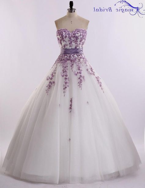 Purple And White Wedding Dress, Wedding Dress With Green, Light Purple Wedding Dress, Dresses With Embroidery, A Line Princess Wedding Dresses, Butterfly Wedding Dress, Purple And White Wedding, Christian Wedding Gowns, Wedding Dresses Sweetheart