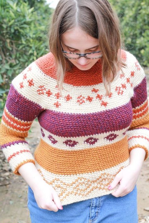 Cowl Neck Sweater Pattern, Crochet Fair Isle, Colorwork Sweater, Crochet Colorwork, Pattern Crochet Sweater, Sweater Pattern Crochet, Fair Isle Crochet, Fair Isle Pullover, Crochet Sweater Pattern