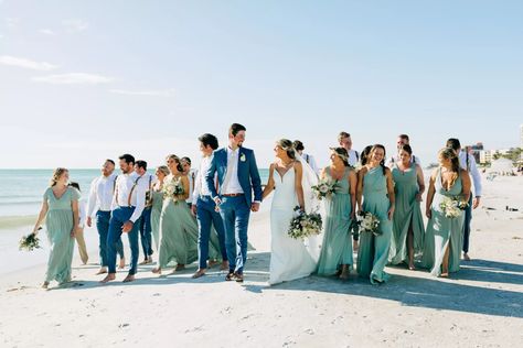 Sage and Blue Bridal Party Attire for Beach Wedding Inspiration | Mismatched Green Bridesmaid Dresses Blue And Green Beach Wedding, Sage Green Beach Wedding, Wedding With Sage Green, Sage Green Bridesmaids Dresses, Sage Green Bridesmaids, Navy Bridal Parties, Mismatched Green Bridesmaid Dresses, Blue Bridal Party, Green Bridesmaids Dresses