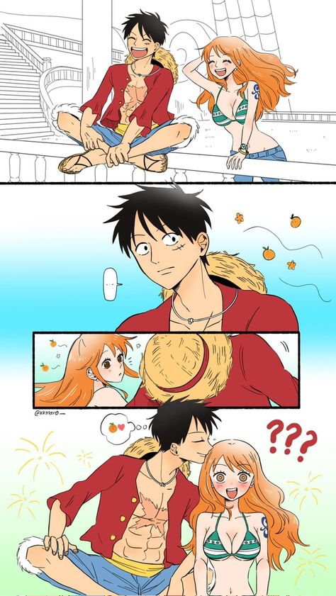 Nami And Luffy Fan Art, Cute One Piece Wallpaper, Luffy X Nami Family, Lunami Fanart, Luffy X Nami Comic, Luffy And Nami Fanart, Luffy X Nami Kiss, Luffy Comic, One Piece Luffy X Nami